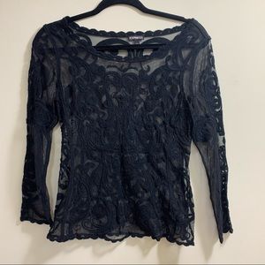 Express Black Lace Stretch Sheer Scoop Neck Long Sleeve Shirt Size XS